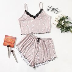 Контрастные кружева цветочный милый Пижама Shein