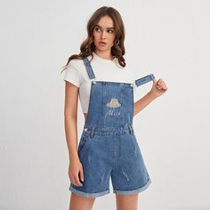 с вышивкой буква Институтский Джинсовые комбинезоны Shein
