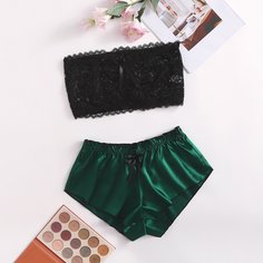 Кружевной бралетт и атласные шорты Shein