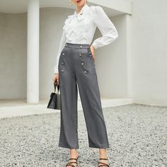 Блузка с воротником-бантом и двубортные брюки Shein