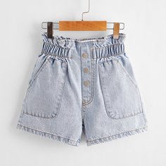 Карман Одноцветный Джинсовые шорты для девочек Shein