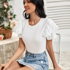 Ажурная вышивка Одноцветный Повседневный Футболки Shein