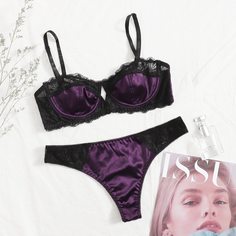 Комплект атласного нижнего белья с кружевом Shein