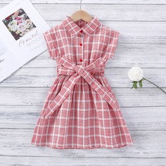 с поясом Клетка Повседневный Платья для девочек Shein
