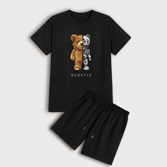 Мужские шорты на кулиске и футболка с текстовым, мультипликационным принтом Shein