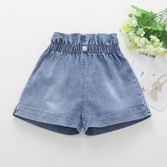 Присборенная талия Одноцветный Джинсовые шорты для девочек Shein