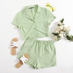 Однобортная однотонная блуза и шорты Shein