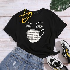 буква Повседневный Футболка размера плюс Shein