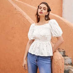 с оборками Одноцветный Бохо Блузы Shein