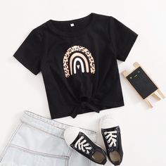 узел Леопардовый Повседневный Футболки для маленьких девочек Shein