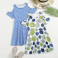 2 пакета платье в полоску с цветочным принтом для девочек Shein