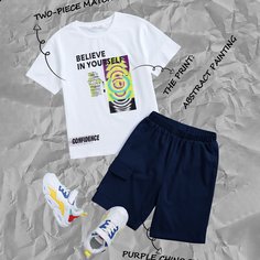 Шорты с карманом и футболка с текстовым принтом для мальчиков Shein