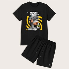 Мужские шорты и футболка с текстовым, графическим принтом Shein