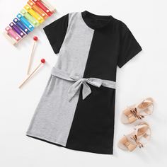 с поясом Контрастный цвет Повседневный Платья для девочек Shein