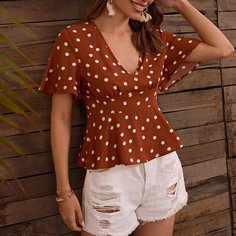 С оборками В горошёк Бохо Блузы Shein