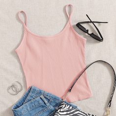 Однотонный трикотажный топ на подтяжках в рубчик Shein