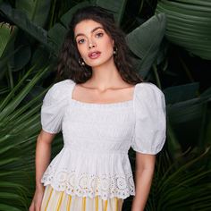 Топ с вышивкой петельки и пышным рукавом Shein