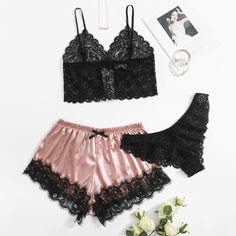 Комплект кружевного женского белья и атласные шорты размера плюс 3шт Shein
