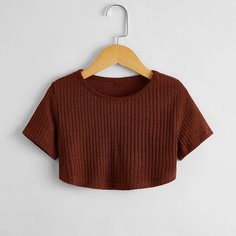 Вязаная кроп-футболка в рубчик для девочек Shein