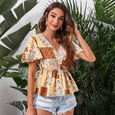 С оборками сводка цветных блоков Бохо Блузы Shein