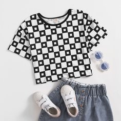 Футболка в клетку для девочек Shein