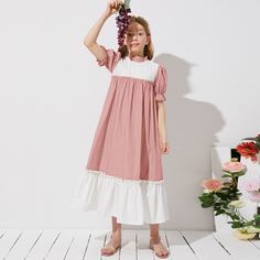 Контрастное платье с пышным рукавом для девочек Shein