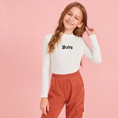 Футболка с воротником-стойкой и вышивкой для девочек Shein
