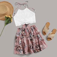 Цветочная юбка и кружевной топ с фестончатым краем Shein