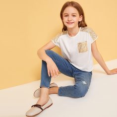 Футболка с карманом и блестками для девочек Shein