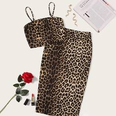 Леопардовый кроп топ на бретелях и леопардовая стильная юбка Shein