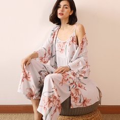 Халат и пижама с цветочным принтом 3шт Shein