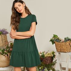 Однотонное платье с круглым вырезом Shein
