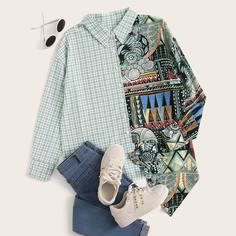 Двухцветная блуза в клетку с геометрическим принтом Shein