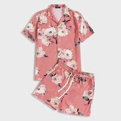 Мужские шорты и рубашка с цветочным принтом, клиновидным вырезом Shein