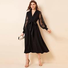 Платье с кружевным рукавом и поясом Shein