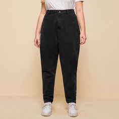 Чёрный с карманами Одноцветный Повседневный Джинсы размер плюс Shein