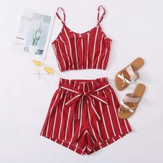 Красный Пояс Полосатые изображения Повседневный Комплект Shein