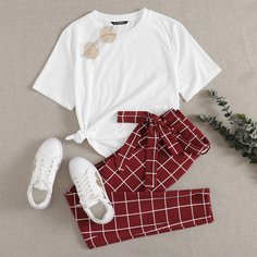Футболка с коротким рукавом и брюки с поясом в клетку Shein