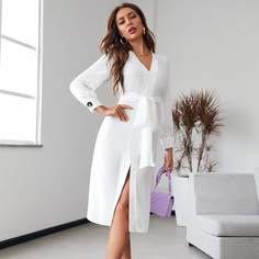 Платье с поясом и v-образным воротником Shein