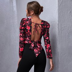 Кроп топ с цветочным принтом и поясом сзади Shein