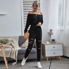 Рваный комбинезон с открытыми плечами Shein