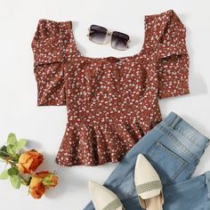 Застежка цветочный Бохо Блузы Shein