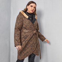 Утепленное пальто размера плюс с поясом Shein