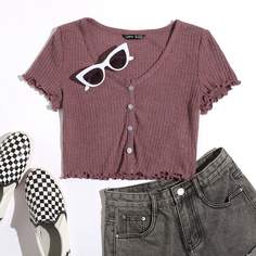 Волнистый край Одноцветный Повседневный Футболки Shein