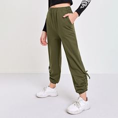 на кулиске Одноцветный Спортивные Брюки для Девочек Shein