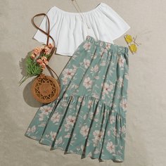 Топ с открытыми плечами и юбка с цветочным принтом Shein