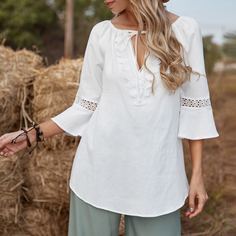 Контрастные кружева Одноцветный Бохо Блузы Shein