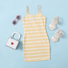 Платье в полоску с цветочной вышивкой для девочек Shein