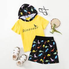Футболка с капюшоном и текстовым принтом & шорты с принтом динозавра для мальчиков Shein