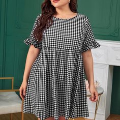 с оборками Клетчатый Повседневный Платья размер плюс Shein
